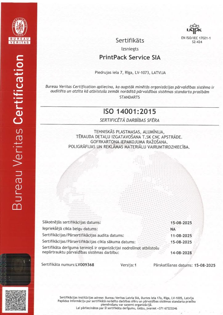 ISO 14001:2015 sertifikāts