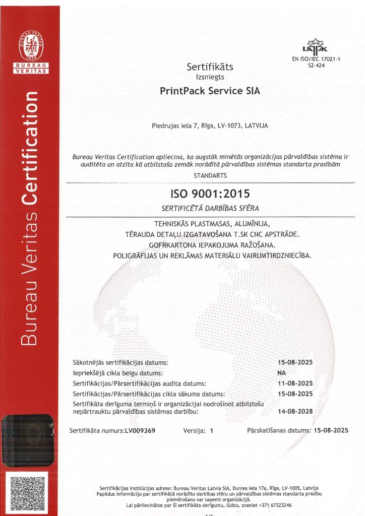 ISO 9001:2015 sertifikāts